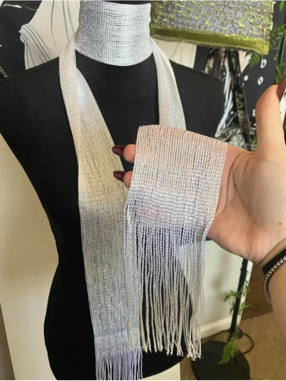 Versatile Silver Fringe Skinny Scarf Necklace - Women Accessories